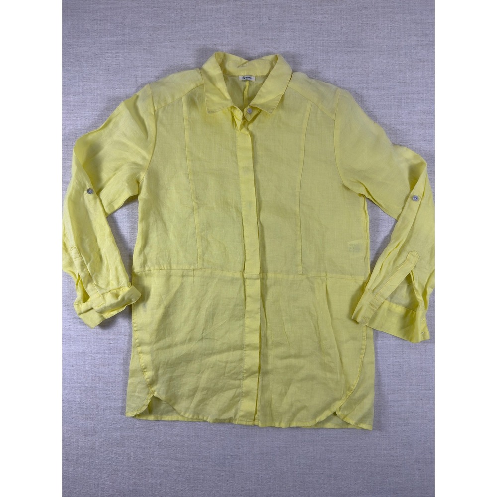 Symple NYC Yellow 100% Linen Button Down Tunic Roll Tab Sleeve Top Womens Small